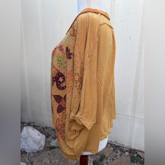 Free People Tiani Tee Embroidered Applique Elephant Flower Boho Tunic Top Yellow - Picture 4 of 7